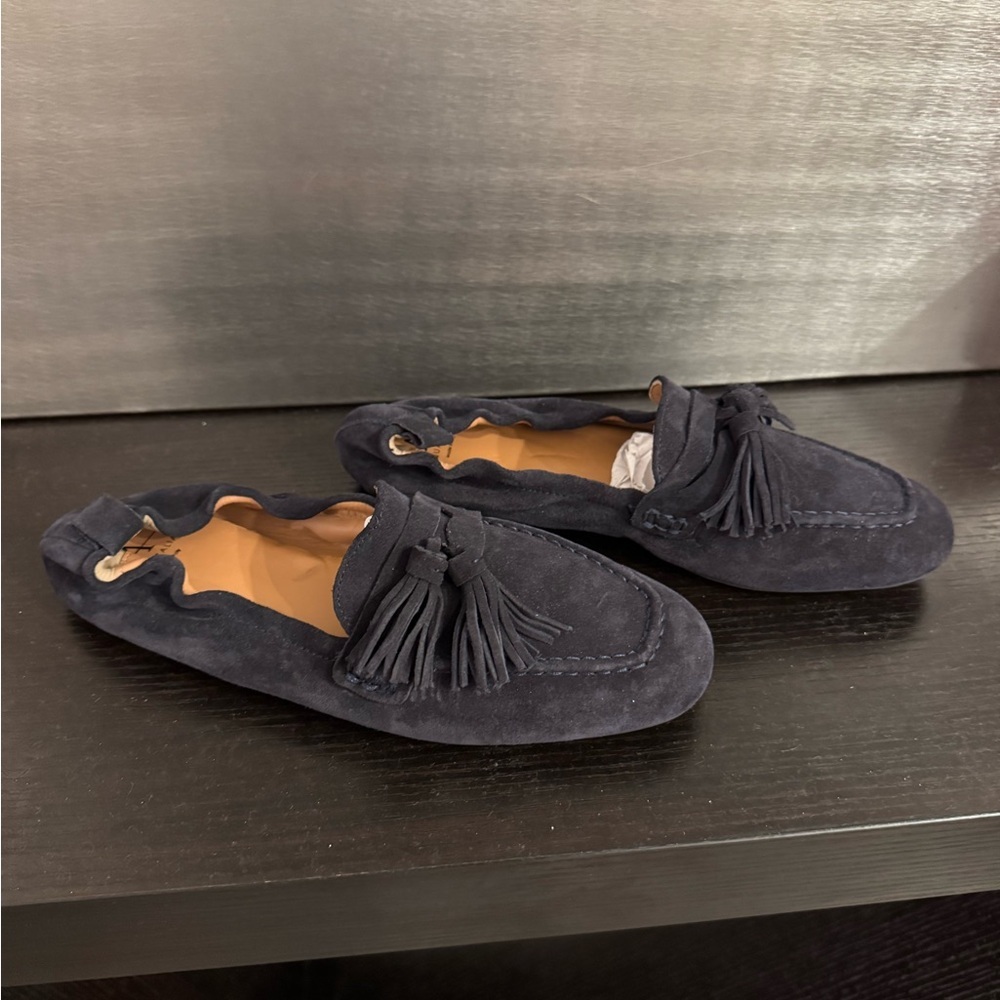 Aquatalia Navy Suede Tassel Moccasins